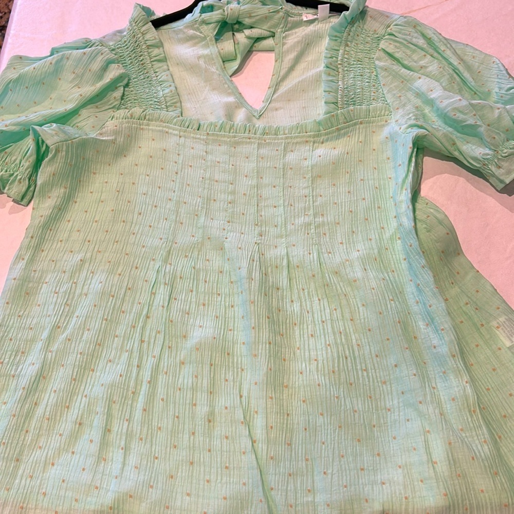 Anthropologie MINE Green Top Size Large Tie Back Brown Raised Dots New - Picture 7 of 8